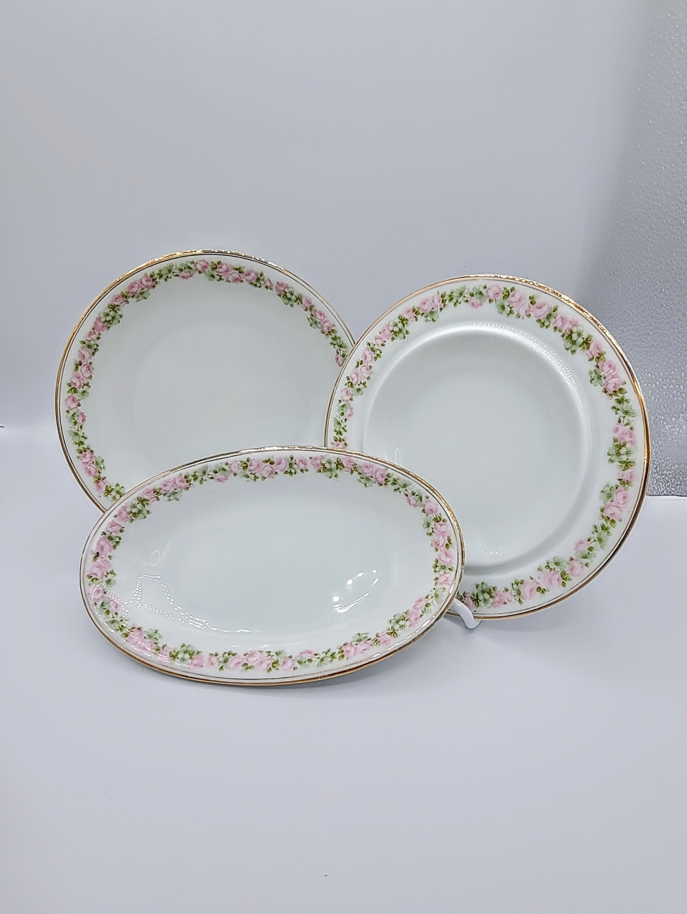 Bavaria Rose China 3 Pc Lot Soup Bowl Oval Dish Covered Base Gold Rim Vintage